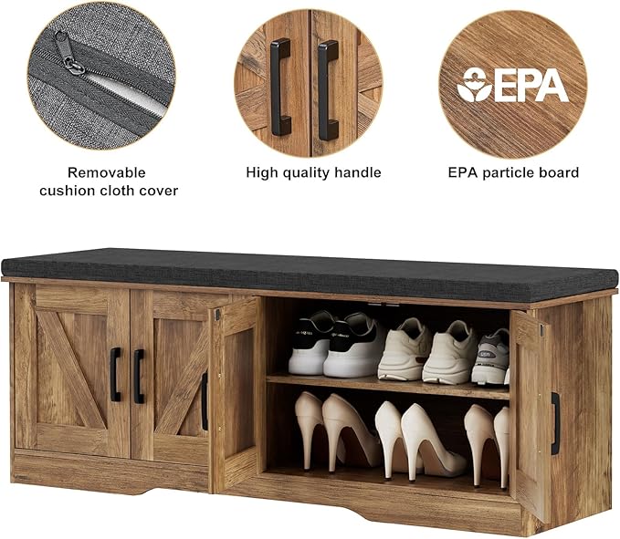2-Tier Storage Bench, Shoe Bench with Padded Seat Cushion, Entryway Bench with 4 Barn Doors, Adjustable Shelf, 13.8" D x 47.2" W x 17.7" H, for Entryway, Living Room, Bedroom, Rustic Walnut-NeatNest