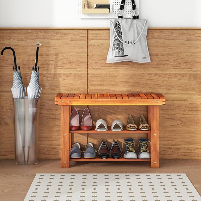 Tangkula Acacia Wood Shoe Rack Bench, 3 Tier Sturdy Storage Organizer, Holds up to 180lbs for Entryway Bedroom Living Room Balcony, Teak Color (27.5-inch)-NeatNest