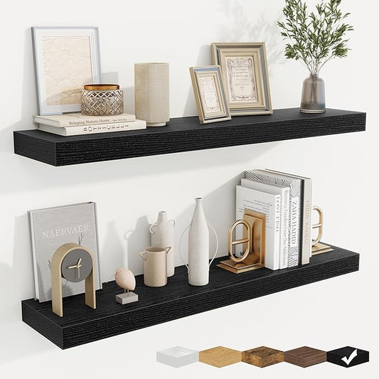 fuqing Floating Shelves for Wall, Bathroom Shelf Wall Mounted for Storage, Shelves with Invisible Bracket for Bedroom, Kitchen, Living Room, Farmhouse Small Book Shelf, 36 Inch Set of 2, Black-NeatNest