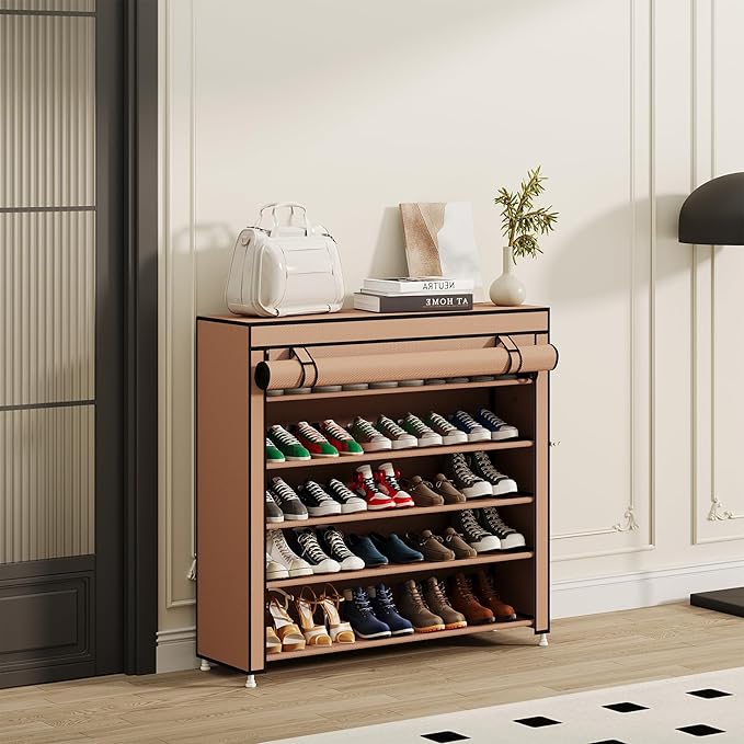 Calmootey 5 Tier Shoe Rack Organizer to Hold 25 Pairs, Portable Shoe Shelf with Nonwoven Fabric Cover for Closet Hallway, Bedroom, Entryway, Brown-NeatNest