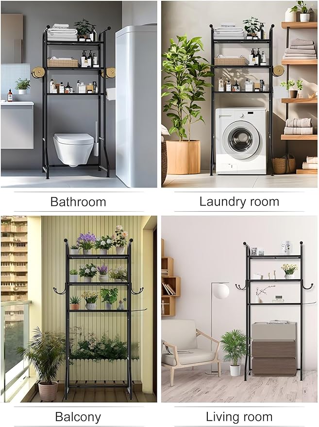 3-Tier Over The Toilet Storage Shelf，Bathroom Organizers and Storage Over Toilet，Metal Bathroom Space Saver with 2 Bars，1 Paper Holder and 4 Hooks,Black