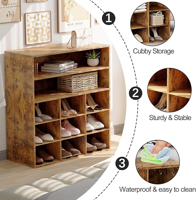 Garden 4 you Shoe Rack Organizer, 5-Tier Wood Cubby Shoe Rack with 2 Storage Shelf and 9 Cubbies, Shoe Organizer Cabinet for Entryway, Hallway, Closet and Garage,Brown-NeatNest