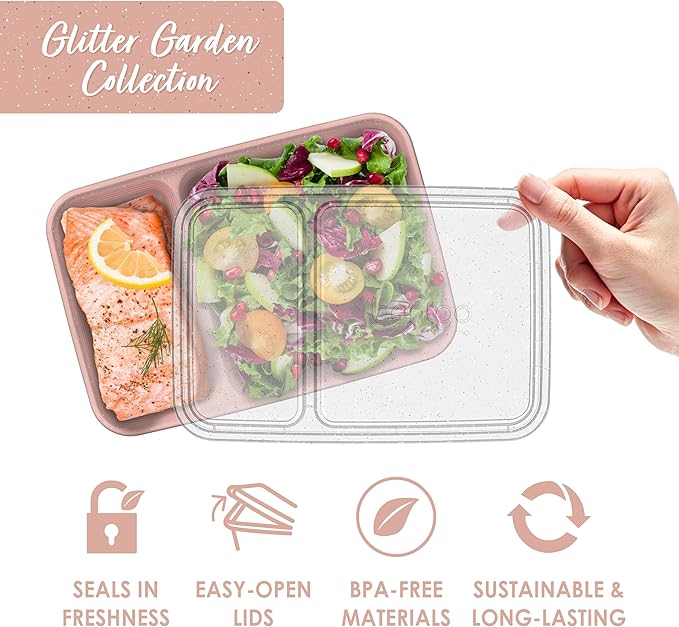 Bentgo 20-Piece Glitter Lightweight, Durable, Reusable BPA-Free 2-Compartment Containers - Microwave, Freezer, Dishwasher Safe (Glitter Garden Edition - Sweet Pea Glitter)-NeatNest