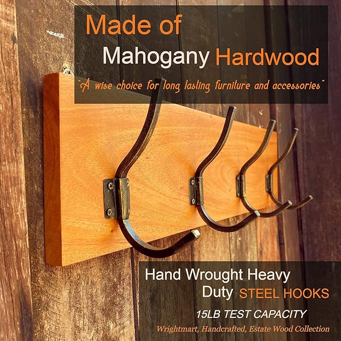 Coat Rack, Handmade, 4 Hanger Hook, Mahogany Hardwood, Durable Rustic Wall Mount, Versatile Hanger for Entryway, Bedroom, Bathroom, Farmhouse Boho Decor, 18" Natural Finish-NeatNest