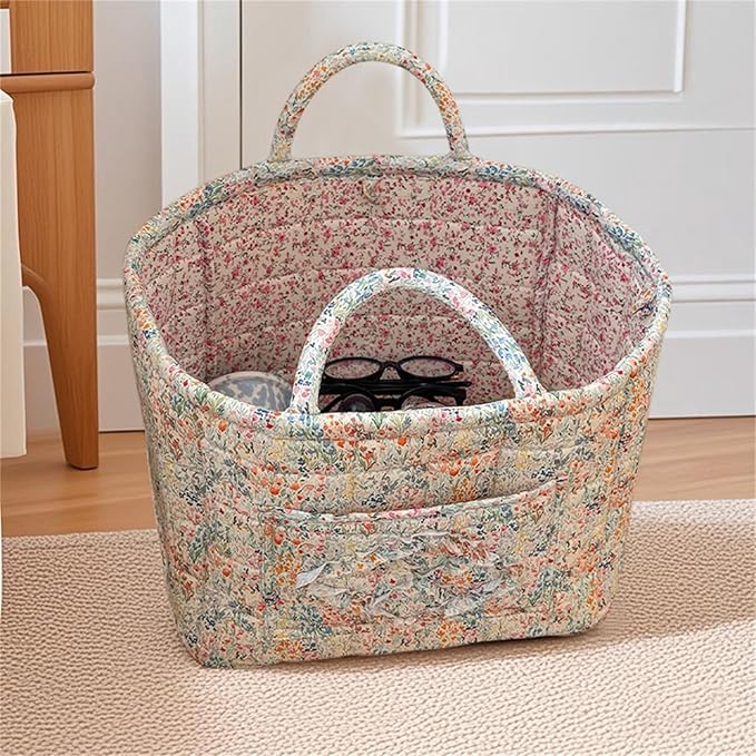 Boho Fabric Storage Basket Quilted Floral Print Baskets Organizer Bin with Handles for Home, Picnic, Shopping (Blue, L)-NeatNest
