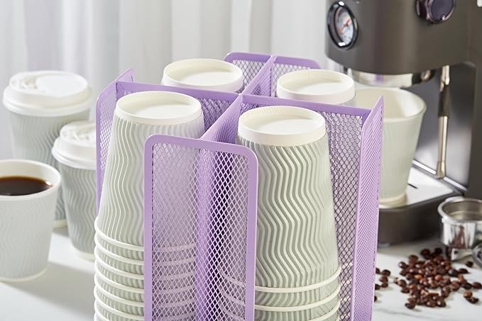 Annova Paper/Plastic Cup and Lid Holder Storage Organizer, 360°Rotating Coffee Cup Dispenser with 4 Compartments, Multifunctional Storage Rack for Home, Office, Bar, Coffee Shop (Light Purple)-NeatNest