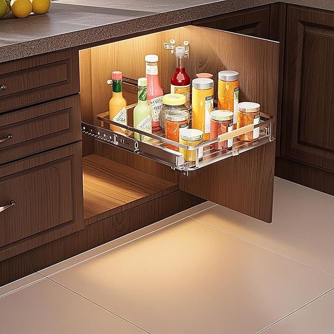 1 Pack Expandable Pull Out Cabinet Organizer，Side Mounting 11.8~18"x17.3"Cabinet Pull Out Shelves, Expandable Slide Out Spice Rack for Kitchen Bathroom Office-NeatNest