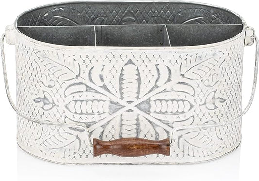 CRAFTSMAN ROAD Distressed White Metal Caddy – Farmhouse Galvanized Kitchen Organizer with Handle – Vintage Rustic Multi-Compartment Holder for Napkins, Plates, Cutlery, Flatware, Cleaning Supplies-NeatNest