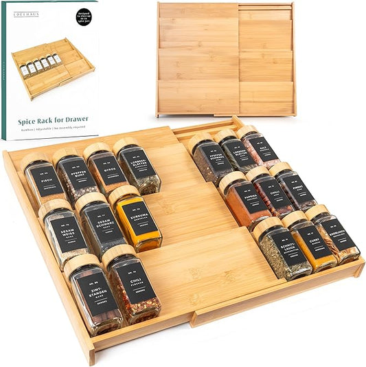 Bamboo Spice Drawer Organizer - Expandable 4 Tier Spice Rack (Need 3" Deep Drawer) 12" to 24" Wide, Seasoning Organizer, Organization Seasoning Rack insert (Jars Not Included)-NeatNest