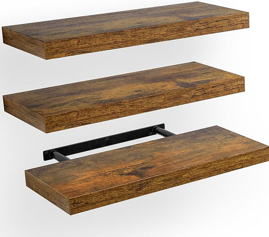 AMADA HOMEFURNISHING Floating Shelves, Wall Shelves for Bathroom/Living Room/Bedroom/Kitchen Decor, Decor Shelf with Invisible Brackets Set of 3, Rustic Brown - AMFS07V-NeatNest