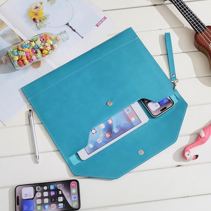 Wonderpool Envelope Case A4 PU Leather File Jacket Pocket Folder Document Case Bag with Removable Hand Strap and 4 Pocket for Documents Tablet Phone Stationery (Cyan)