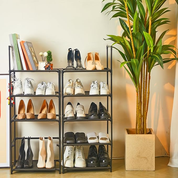 8 Tiers Shoe Rack 16-20 Pairs Shoe & Boots Sturdy Organizer Storage, Narrow Shoe Shelf for Entryway (Black, 8 Tiers)-NeatNest