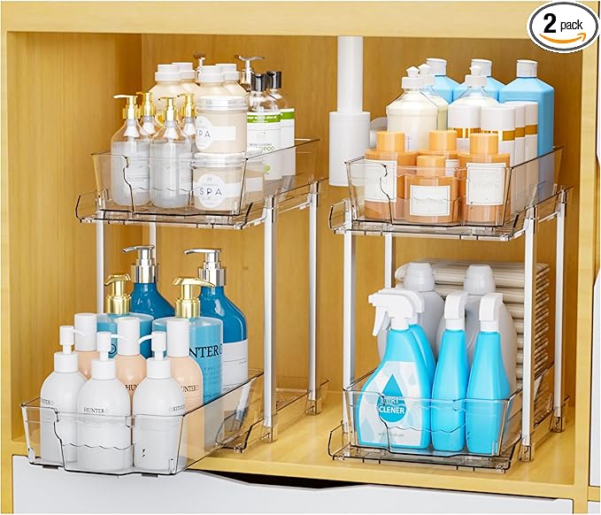 Yieach 2 Pack 2 Tier Bathroom Under Sink Organizer With Track,12.8 Inch Tall Under Cabinet Organizer,Clear Undersink Pull Out organizer for Kitchen,Vanity,Counter,Vanity,Medicine,Makeup,Hair Products-NeatNest