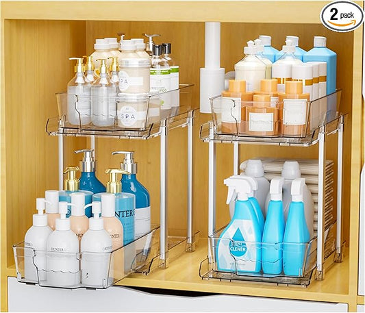 Yieach 2 Pack 2 Tier Bathroom Under Sink Organizer With Track,12.8 Inch Tall Under Cabinet Organizer,Clear Undersink Pull Out organizer for Kitchen,Vanity,Counter,Vanity,Medicine,Makeup,Hair Products-NeatNest