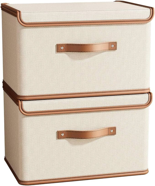Tuza 2 Pack Storage Bins with Lids, Collapsible Closet Organizer Container, Fabric Organizer Box with Handles, Decorative Storage Boxes with Lids for Organizing Clothes, Books, File, White, Large-NeatNest