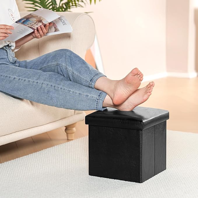 B FSOBEIIALEO Folding Storage Ottoman Cube with Faux Leather for Living Room, Bedroom, Home Office, Dorm Storage Footrest Black 11.8"x11.8"x11.8"