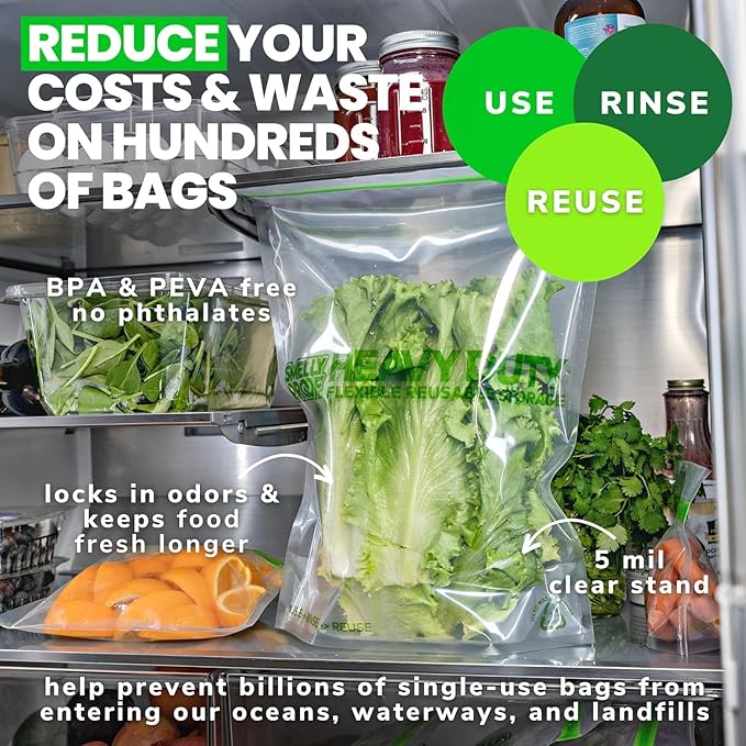 BULK PURCHASE, 50 x Dishwasher-Safe STAND-UP Ziplock Reusable Bags, Extra Thick 5mils HEAVY DUTY Durable Washable Reclosable TRIPLE Ziplock Food Storage Extra Large Bags, XXL 12"x16" 2-Gallon 50-Pack-NeatNest