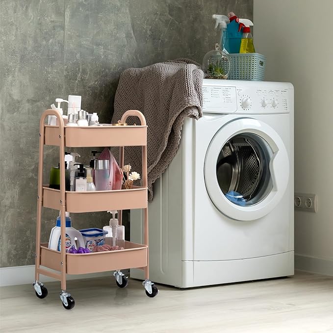 AGTEK Makeup Cart, Movable Rolling Organizer Cart, 3 Tier Metal Utility Cart with Lockable Wheels for Home & Office, Milk Tea-NeatNest