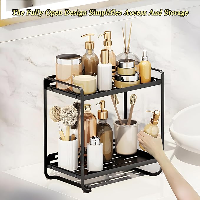 2-Tier Black Carbon Steel Bathroom Counter Organizer - Skincare Cosmetic Display Tray for Perfume, Makeup，Bathroom, Vanity Storage - Modern Countertop Organizer and Vanity Decor