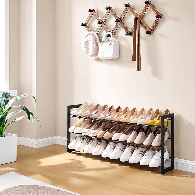FAVOOSTY 3-Tier Expandable Shoe Rack, Adjustable Shoe Shelf Storage Organizer Space Saving Metal Free Standing Shoe Rack for Entryway Closet Doorway, Black-NeatNest
