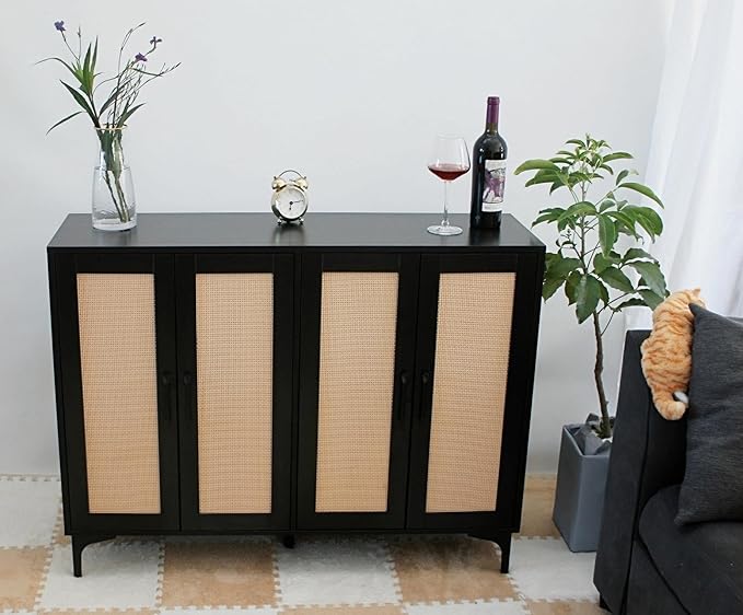 Buffet Sideboard, Side Storage Cabinet, entryway Cabinet, Buffet Sideboard with Rattan, Featuring 4 Doors and Adjustable Shelves, Suitable for Living Room (Black)-NeatNest