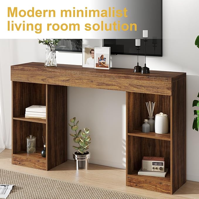 55 Inches Console Table,4 Cubes Narrow Entryway Table,3 Tier Wood Behind Couch Sofa Table,TV Console with Storage for Living Room,Hallway,Entrance,Foyer (Striped Brown)-NeatNest