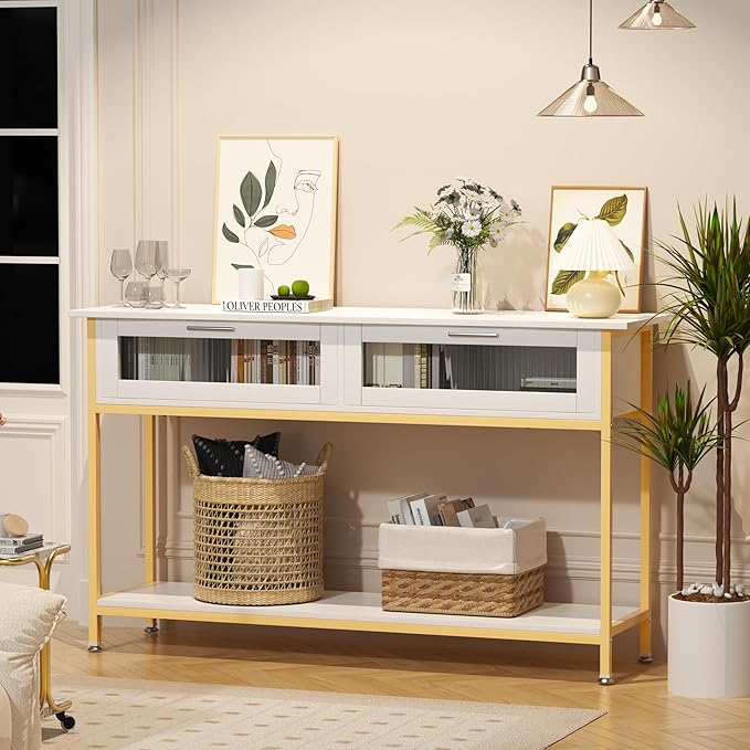 Aetheris 47" Console Table with 2 Drawers, 2 Tier Sofa Table with Storage,Entryway Table, Industrial Console Table for Entryway, Sofa Table Behind Couch for Living Room (White Gold)-NeatNest