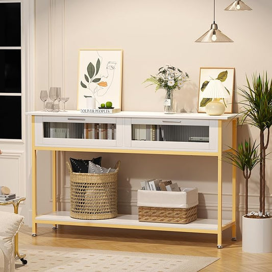Aetheris 47" Console Table with 2 Drawers, 2 Tier Sofa Table with Storage,Entryway Table, Industrial Console Table for Entryway, Sofa Table Behind Couch for Living Room (White Gold)-NeatNest