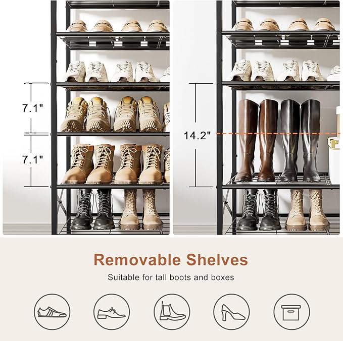 10-Tier Tall Shoe Rack Organizer Shoe Storage for Entryway 30-40 Pairs Metal Shoe Rack for Closet Heavy-Duty Shoe Rack with Wooden Top Shelf for Garage Rustic Brown-NeatNest