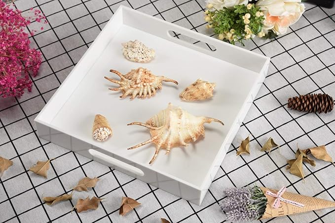 Glossy White Sturdy Acrylic Serving Tray with Handles-12x12Inch-Serving Coffee,Appetizer,Breakfast,Butler-Kitchen Countertop -Cosmetics Organizer-Vanity Table Tray-Ottoman Tray-Decorative-NeatNest