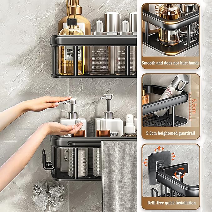 EVALAND Aluminum Shower Caddy, Adhesive Shower Shelves, 2-Pack with Hooks and Rod for Towels, No Drill Wall Mount Rustproof Premium Organizer for Bathroom, Kitchen, Black
