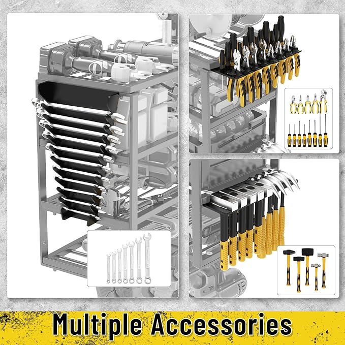 Heavy Duty Power Tool Organizer Wall Mount, Cordless Drill Hanger Storage Rack, Battery Tool Holder Utility Rack with Side Wrench Rack for Garage Workshop-32 Inch 8 Slots