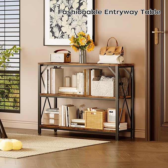 Homeiju Entry Table 40" Width, 3-Tier Entryway Table with Storage, Industrial Sofa Table with Open Shelves, Foyer Tables for Entryway, Hallway, Kitchen, Living Room and Bedroom, Rustic Brown-NeatNest
