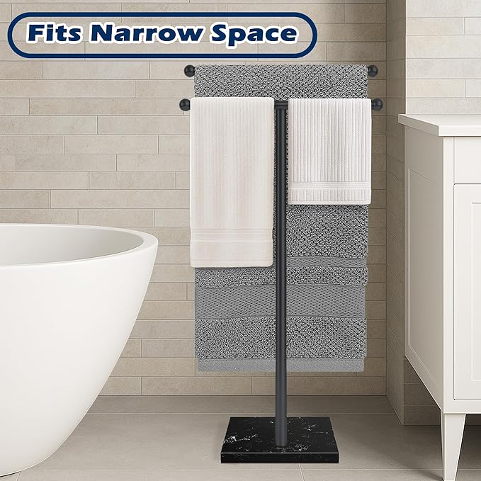Freestanding Towel Rack with Marble Base,2-Tier Standing Towel Racks for Bathroom,Stable BathTowel Holder for Bathroom Accessories, Black