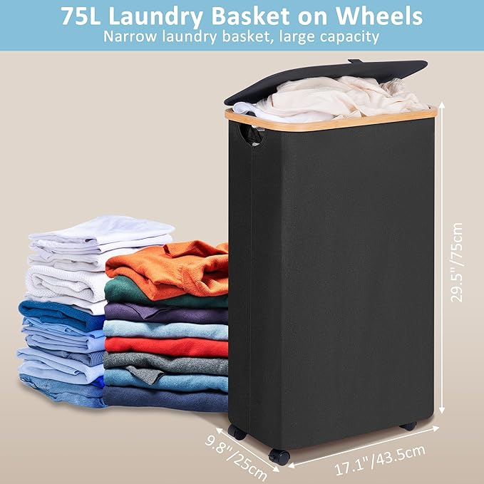 efluky Slim Laundry Basket with Wheels, Narrow Rolling Laundry Hamper with Lid and Removable Bag, Aesthetic Dirty Clothes Hamper on Wheels for Laundry Room, Bedroom, Dorm and Bathroom, 75L Dark Black-NeatNest