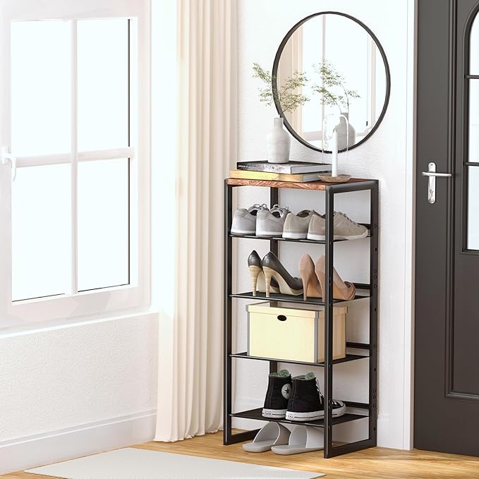 Narrow 5-Tier Shoe Rack, Slim Space-Saving Shelf with Decorative Wood Top & Steel Mesh, Entryway/Closet/Dorm Organizer, 16.5x11.8x36 Inches-NeatNest