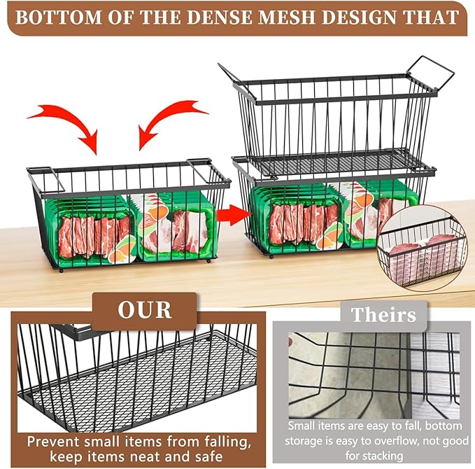5 Pack Stackable Deep Freezer Organizer Bins ，Upgraded Bottom Leak-Proof net，Encryption and Hardening ， Freezer Organizer Bins for 7 Cu.FT Small Chest Freezer， Easy Get Bottom Foods