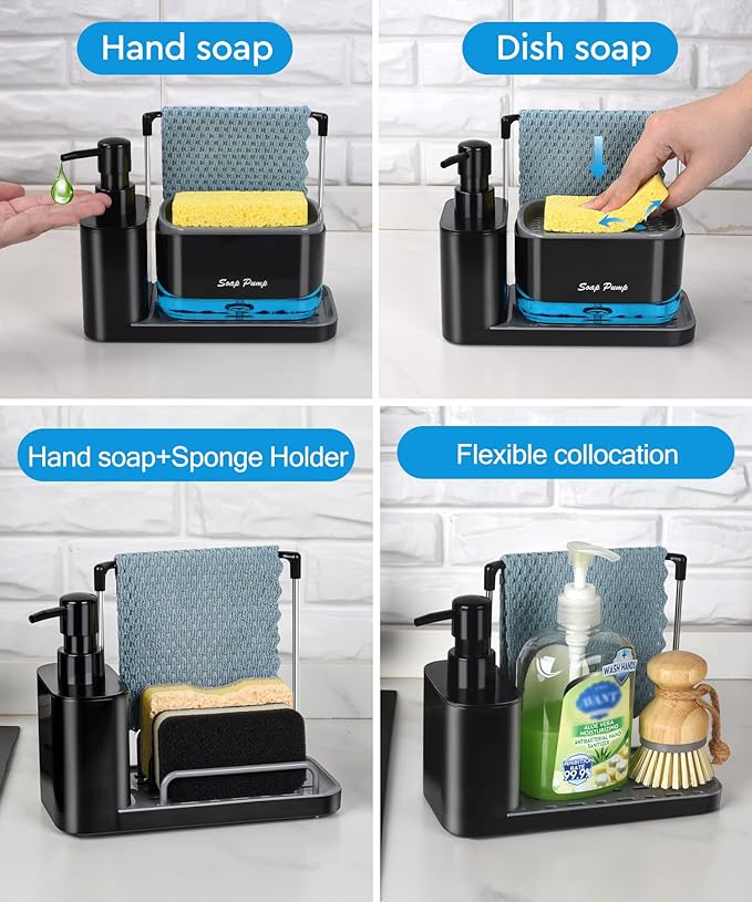 Hand and Dish Soap Dispenser Set with Tray, Dual Soap Dispenser with Sponge Holder and Dishcloth Holder 5-in-1 Organizer for Kitchen Sink Countertop Storage Organize - Useful Kitchen Gadgets (Black)-NeatNest