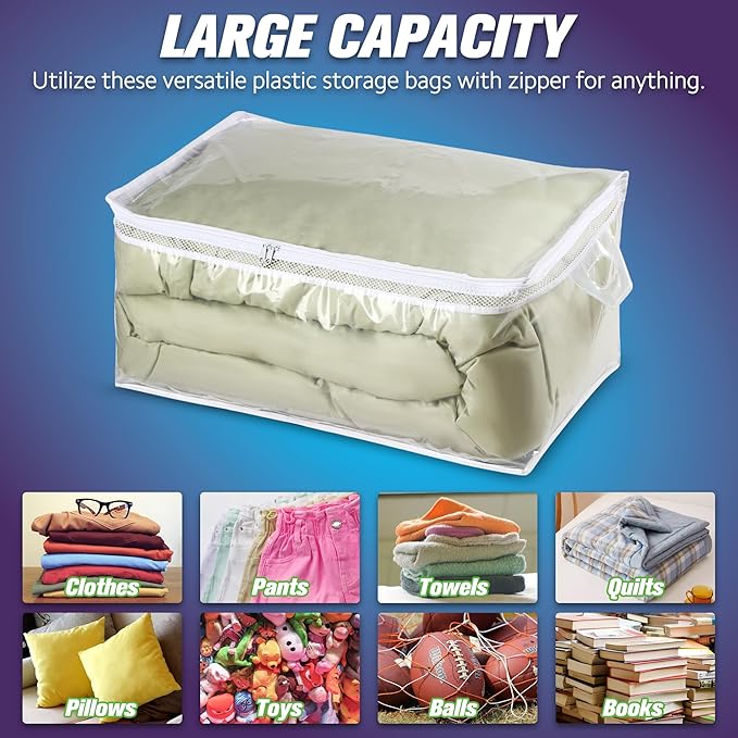 HIBAG 20 Gallon Large Storage Bag for Clothes, Zipper Clothing Storage Bag, Clear Organizer with Reinforced Handles, for Comforters Blankets Pillows Bedding (2 Pack)-NeatNest
