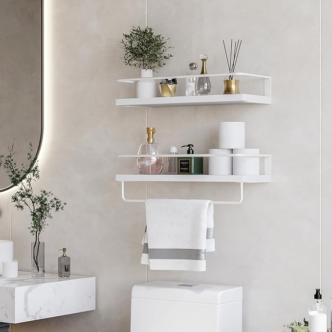 Onlysky White Floating Shelves with White Towel Rack - Set of 2 Wall Mounted Hanging Bathroom Shelves, Decorative Shelves for Stylish Storage in Bathroom, Kitchen, Living Room & Bedroom