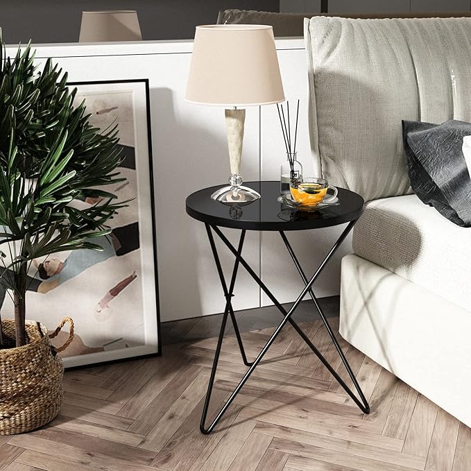 HLR Modern Round Side Table, End Table with Marble Effect Top and Gold Metal Frame, Small Side Table for Living Room, Bedroom, Sofa and Couch, Black Legs, Black Glass top