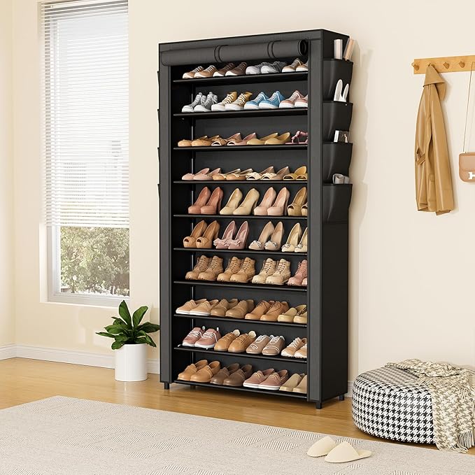 VTRIN Tall Shoe Rack with Cover, 10 Tier Shoe Organizer Storage for 50-55 Pairs Shoes and Boots Large Capacity Shoe Shelf with 8 Pockets Free Standing Shoe Rack for Closet, Entryway, Garage-NeatNest
