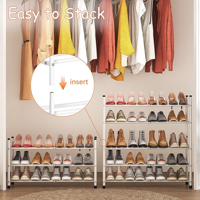 TZAMLI 3-Tier Shoe Rack for Closet, Expandable and Stackable Shoe Organizer Adjustable Metal Shoe Storage Small Shoe Shelf for Entryway Entrance, White-NeatNest