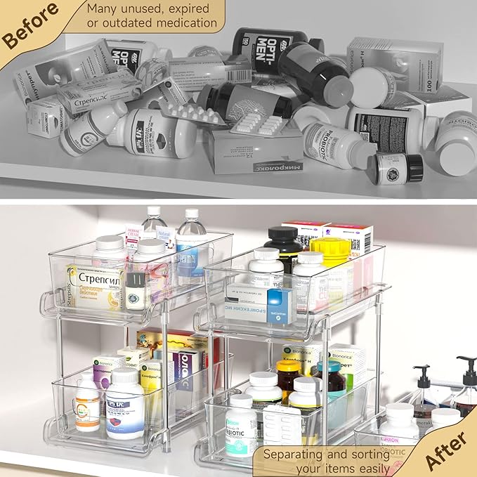 HIHEGD 2 Tier Bathroom Storage With Dividers, Clear Under Sink Pull Out Organizer for Kitchen Pantry, Medicine Cabinet-NeatNest