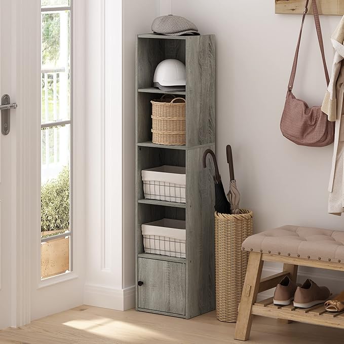 Furinno Luder Shelf Bookcase with 1 Door Storage Cabinet, French Oak-NeatNest
