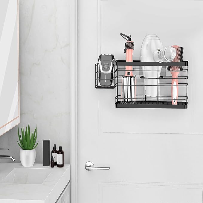 Hair Tool Organizer - Black Steel Wall Mounted Hair Dryer Holder with Removable Basket, 10.62"L x 4.33"W x 6.69"H, Ideal for Small Bathrooms-NeatNest
