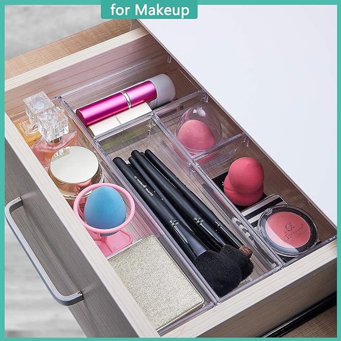 6 Pack Clear Drawer Organizer, Acrylic Drawer Storage Trays, Storage Bins for Makeup, Cosmetics, Jewelries, Utensils, Gadgets, Office-NeatNest