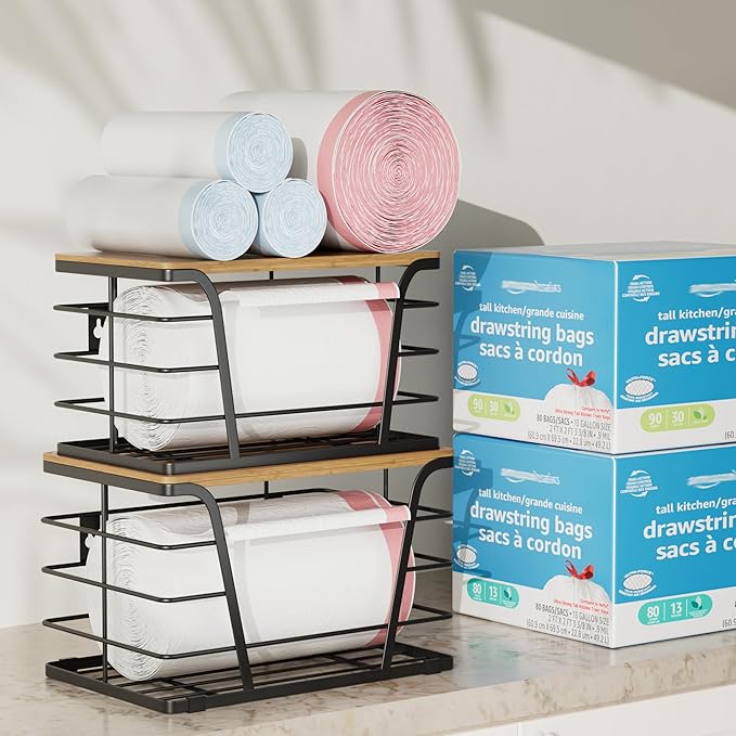 2 Pack Extra Large Stackable Pantry Storage Organizers, Laundry Room Organization, Wall Mount Trash Bag Holder for 13-33 Gallon Bags with Bamboo Top & Garbage Bag Dispenser, Black