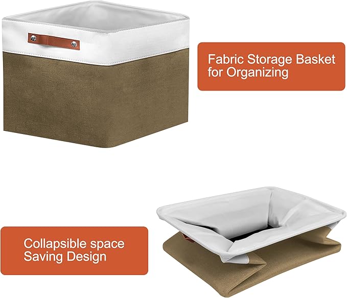 11in Open Fabric Storage Basket with Leather Handles for Organizing, Collapsible Linen Closet Bins for Shelves, Closets, Laundry, Decorative Basket for Gifts. (White＆Brown, 2PCS/11x11in)-NeatNest