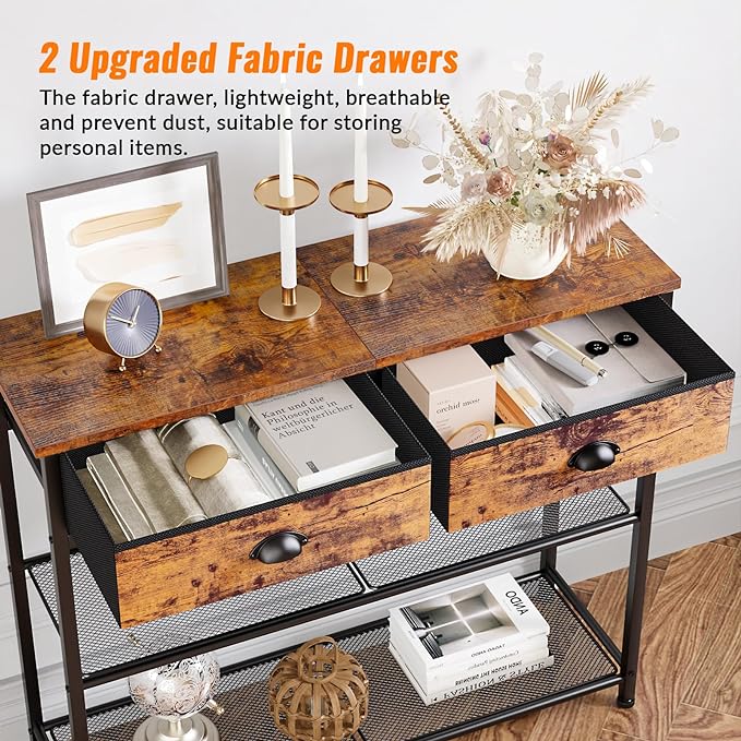 Furologee Console Sofa Table with Storage Shelf for Entry Way, Small 30'' Entryway Table with 2 Fabric Drawers, Industrial Display Shelves for Hallway, Entrance, Foyer, Rustic Brown-NeatNest